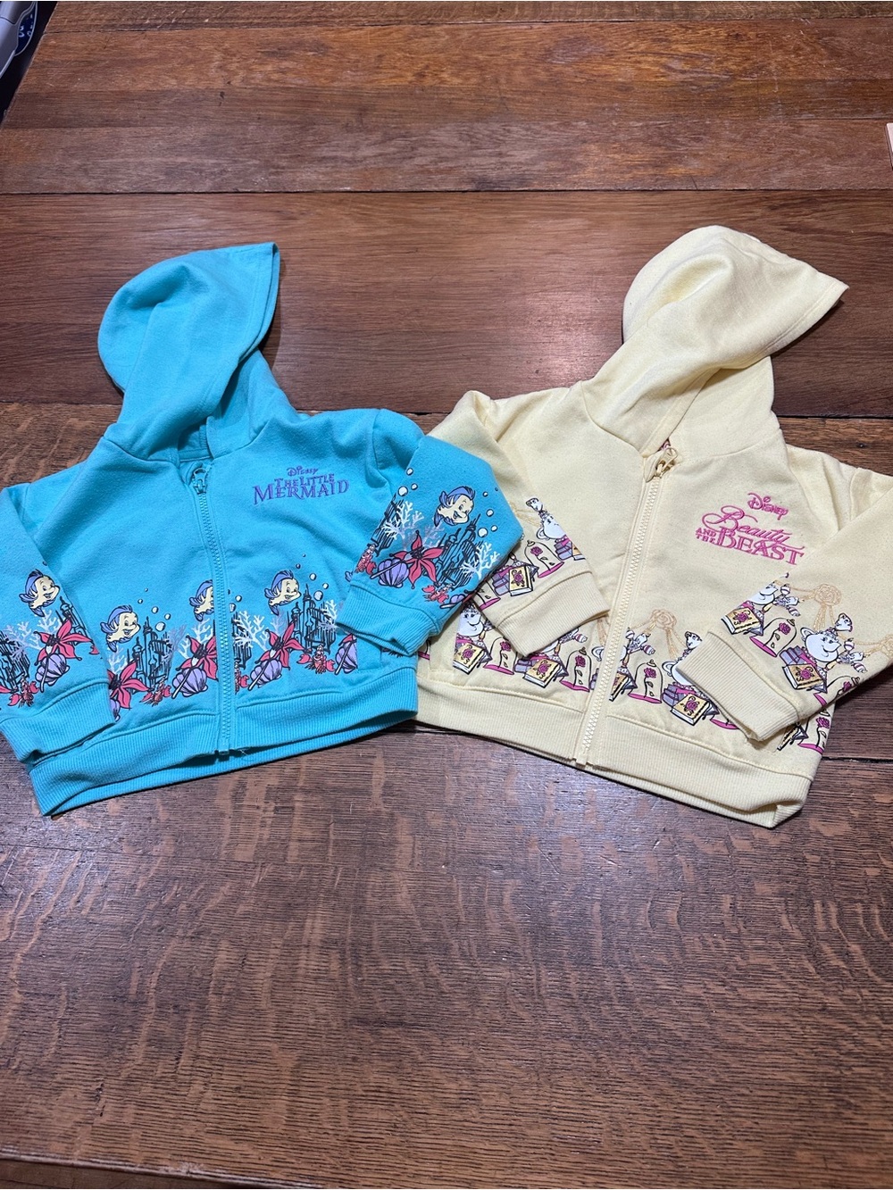 Disney Little Mermaid Blue Hoodie & Beauty and the Beast Cream Hoodie Set sz 3T